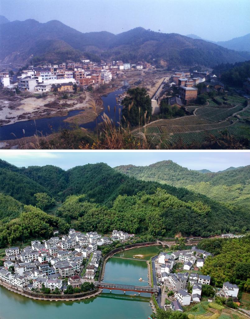 圖為浙江省杭州市淳安縣楓樹嶺鎮(zhèn)下姜村拼版圖，其中上圖為資料照片、下圖由新華社記者張鋮攝。